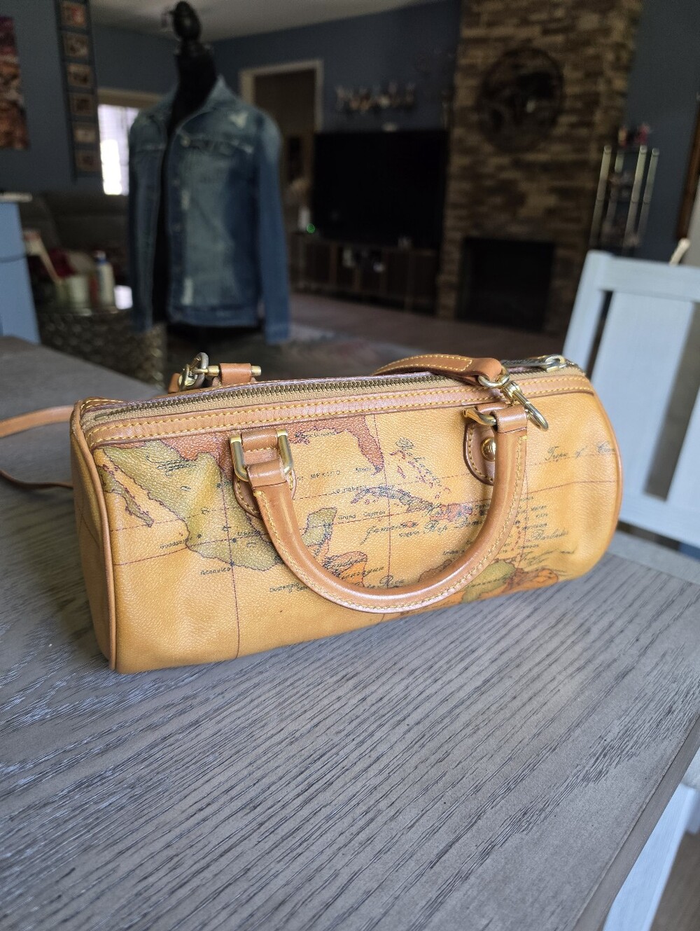 Authentic Alviero Martini Vintage Map-Print Barrel Satchel Or Crossbody Bag